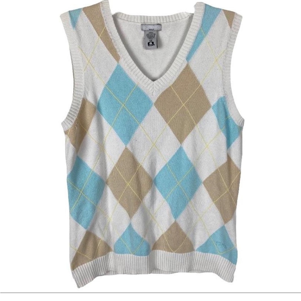 Vintage Izod Argyle Sweater Vest in Blue, White, and Tan. Size L